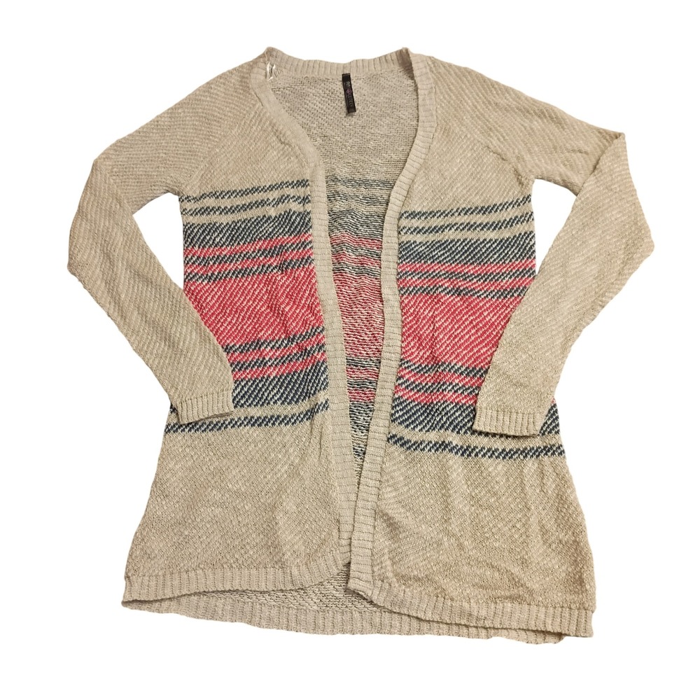 Absolutely Cardigan Sweater Womens M Beige Pink Striped Slub Knit Open Front